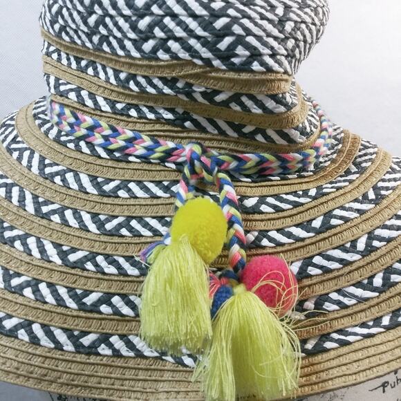 Steve Madden White Black Paper Straw Khaki Sun Hat Wide Brim One Size - Picture 2 of 10